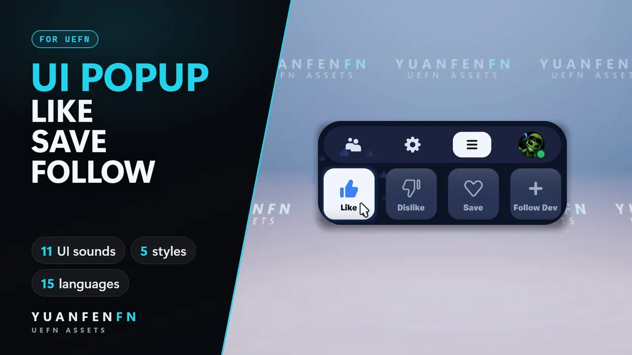 UI-Popup mit Like-, Save- und Follow-Knöpfen